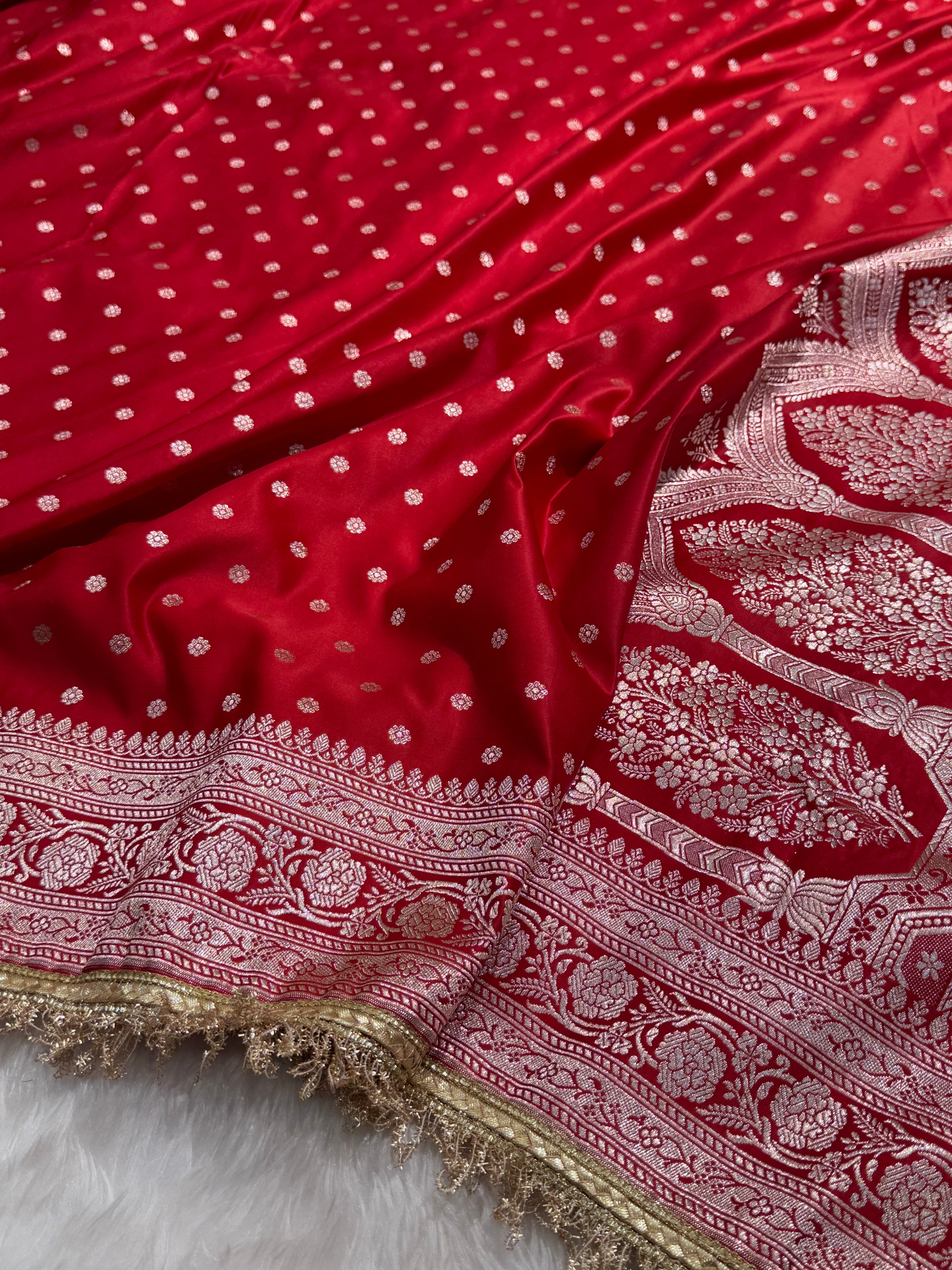 Bridal Banarasi Satin Katan Silk Saree In Sindoor Red Shades with gotta Patti