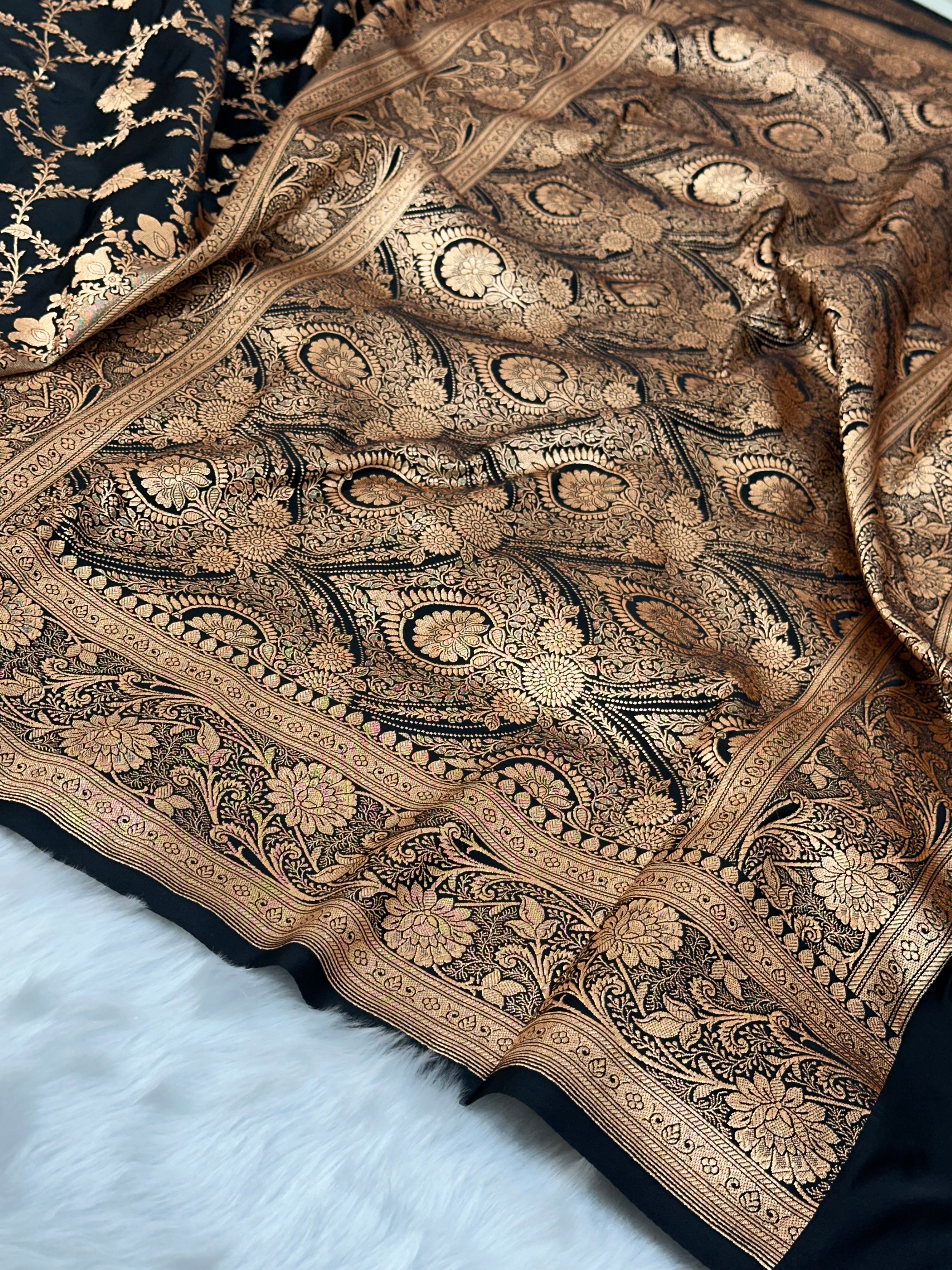 Black Floral Jaal Pattern Satin Katan Silk saree SK59