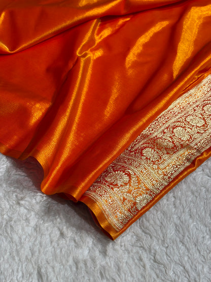 Orange Gold Shades Boota Pattern Banarasi Satin Silk Saree SS45