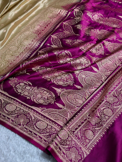 Banarasi Satin Katan Saree Floral Booti Pattern in Contrast Tusser / Rani Shades SK153