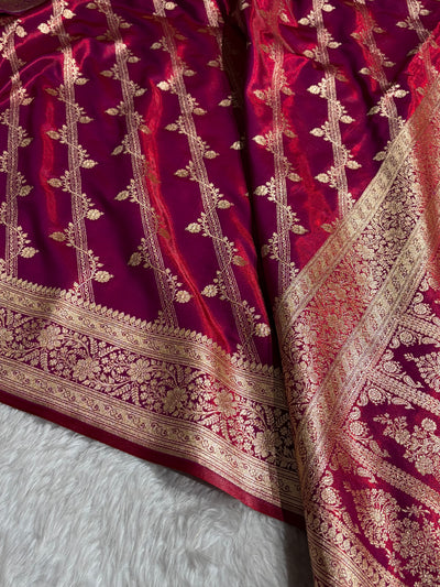 Magnetic Red Shades Cross Pattern Banarasi Satin Silk Saree SS50