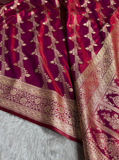 Magnetic Red Shades Cross Pattern Banarasi Satin Silk Saree SS50