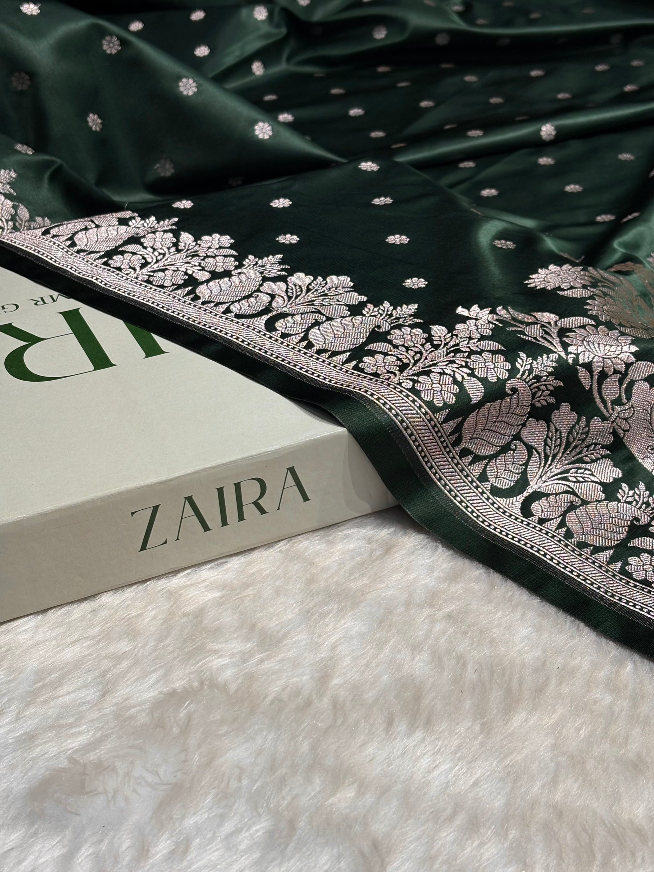 Bottle Green Shades Floral Boota With Floral Border Mashru Silk Saree MSM 79