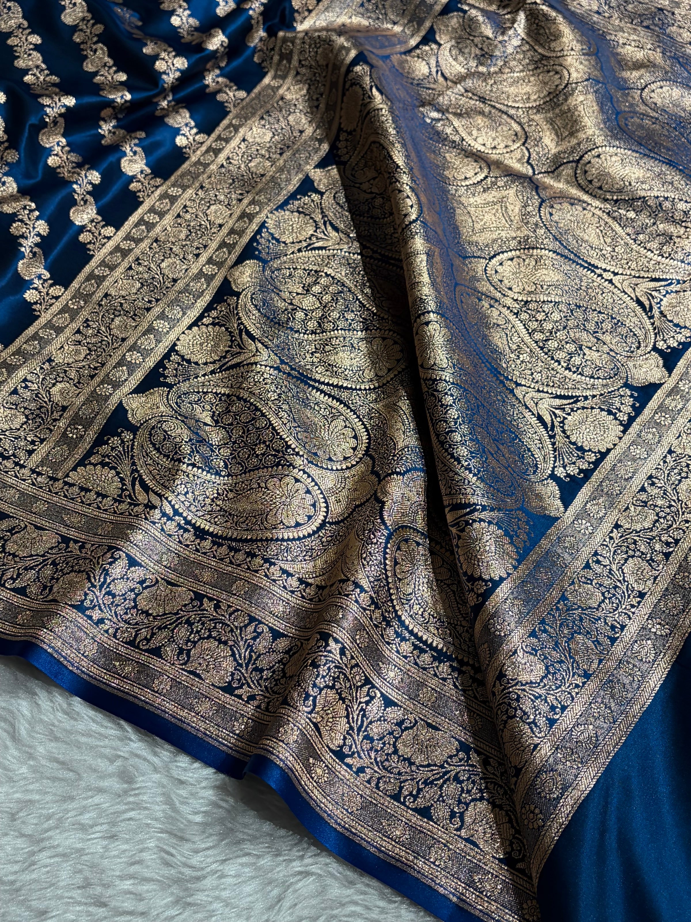 Banarasi German Blue Shades Cross Pattern Banarasi Satin Silk Saree SS51