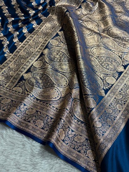 Banarasi German Blue Shades Cross Pattern Banarasi Satin Silk Saree SS51