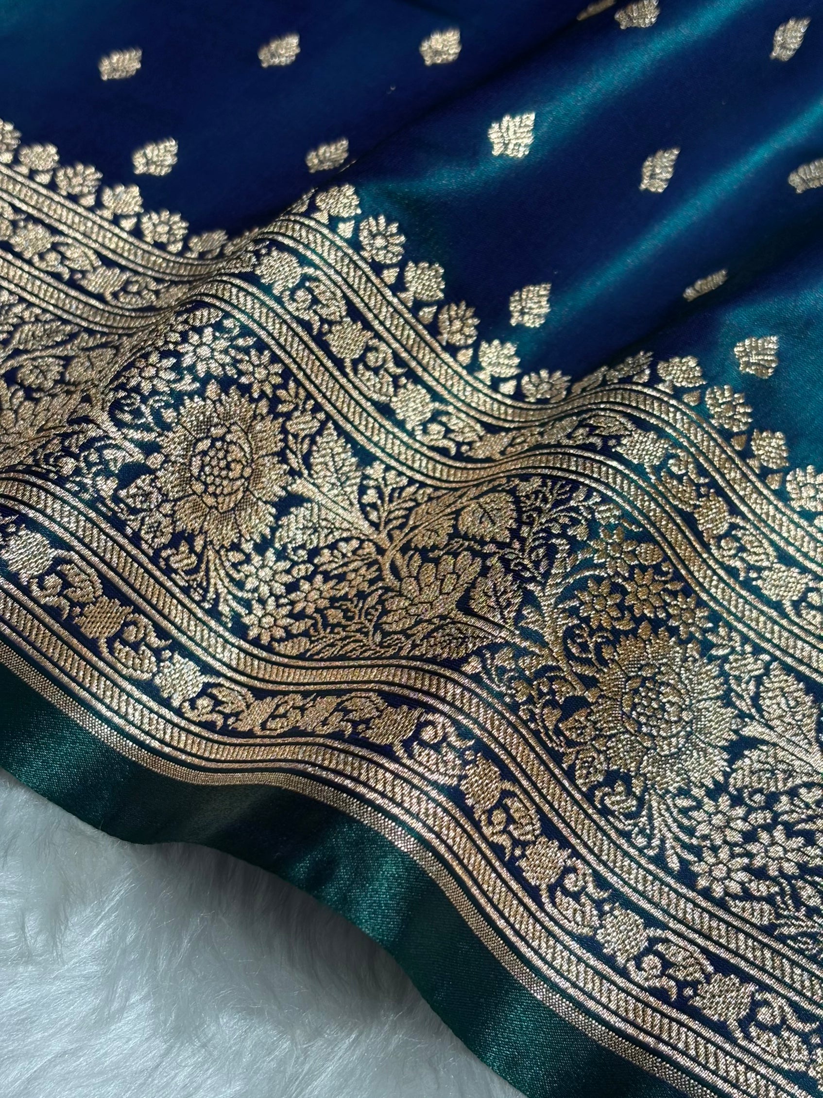 Ultra Light Weight Satin Silk Booti in Peacock Shades SS06