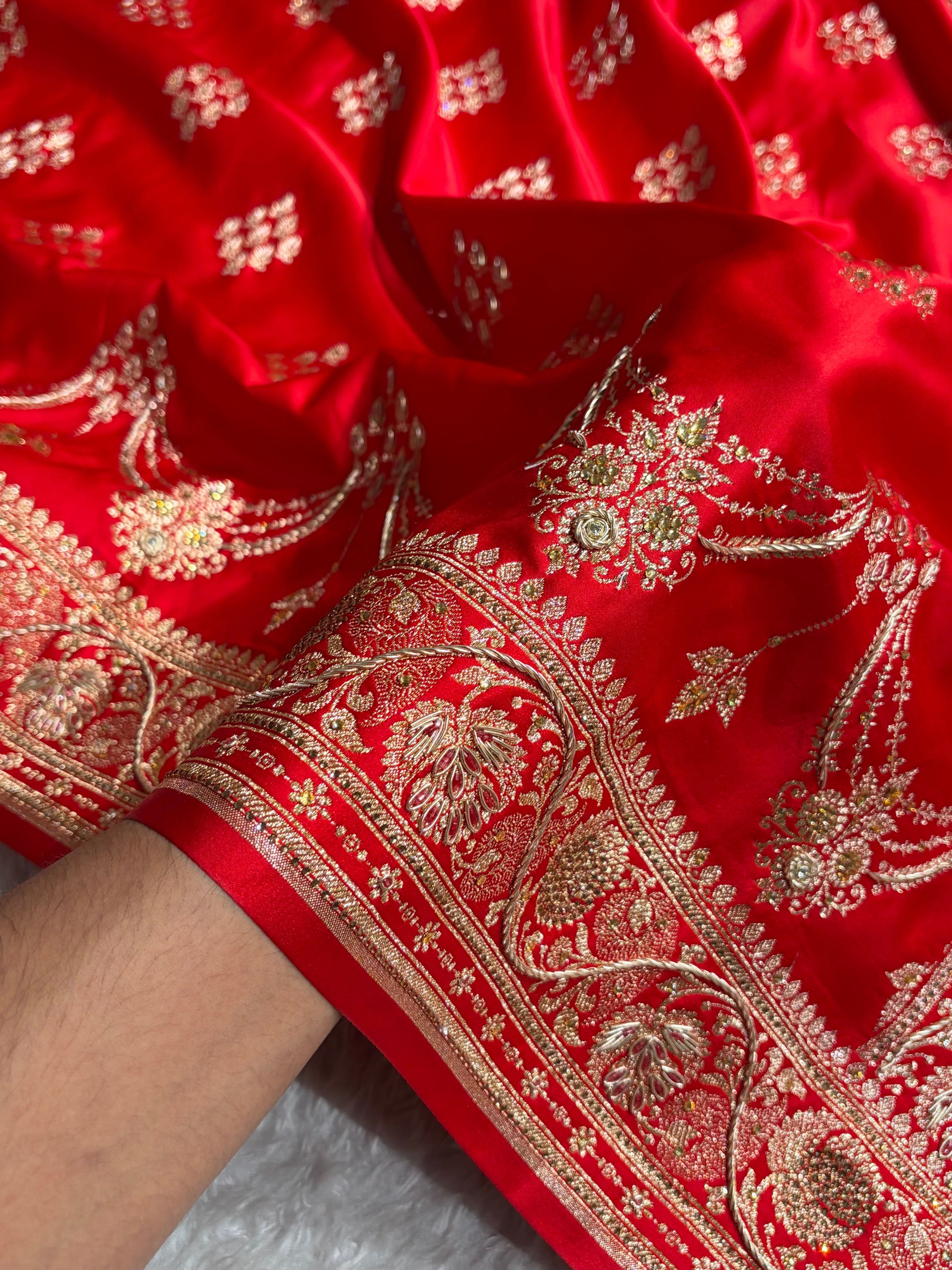 Bridal Red Floral Boota Pattern With Zardozi Stone Work Satin Katan Silk saree BSK34