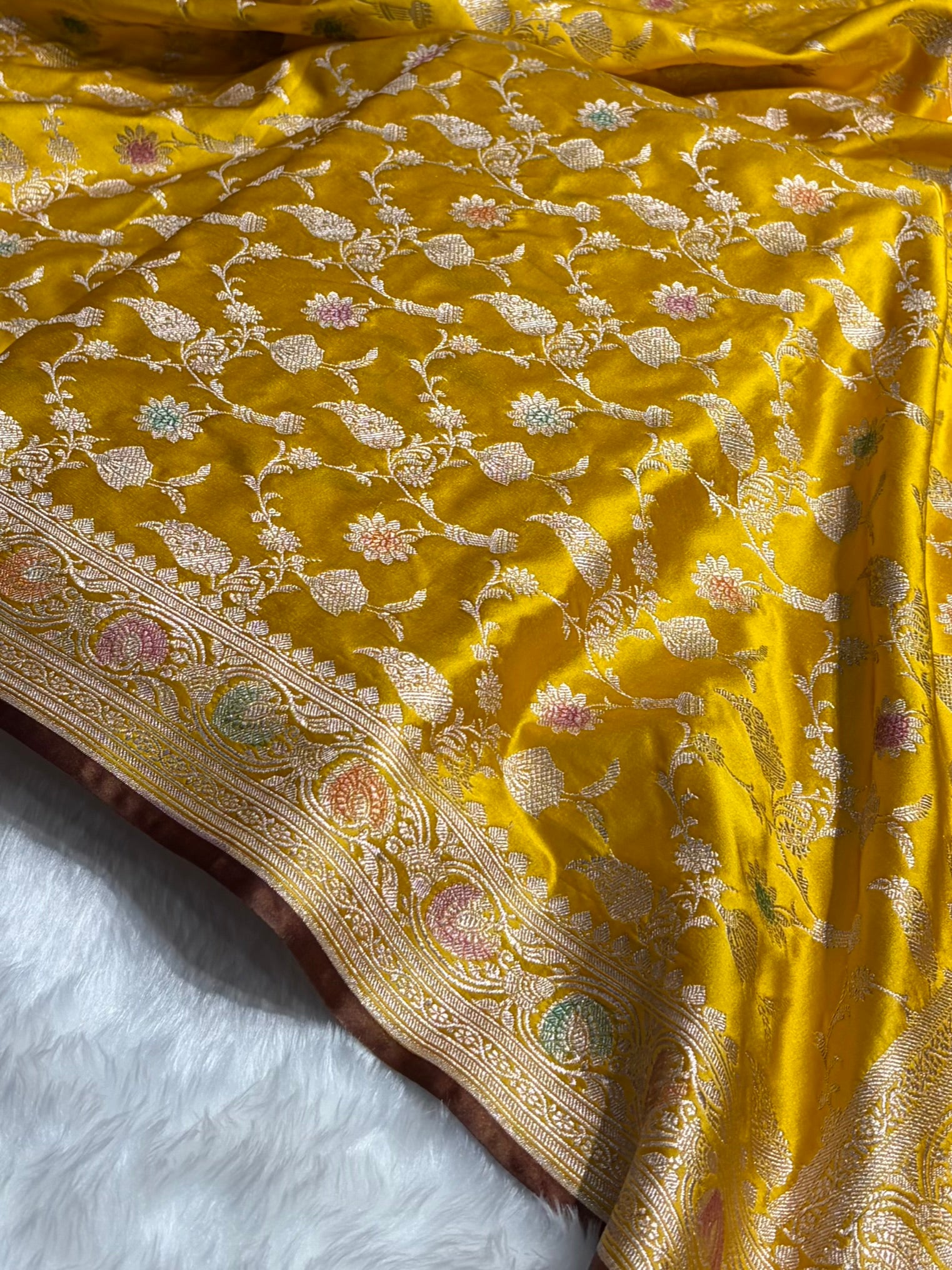 Mustard Yellow Shades In Banarasi Minakari Jaal Mashru Silk Saree MS42