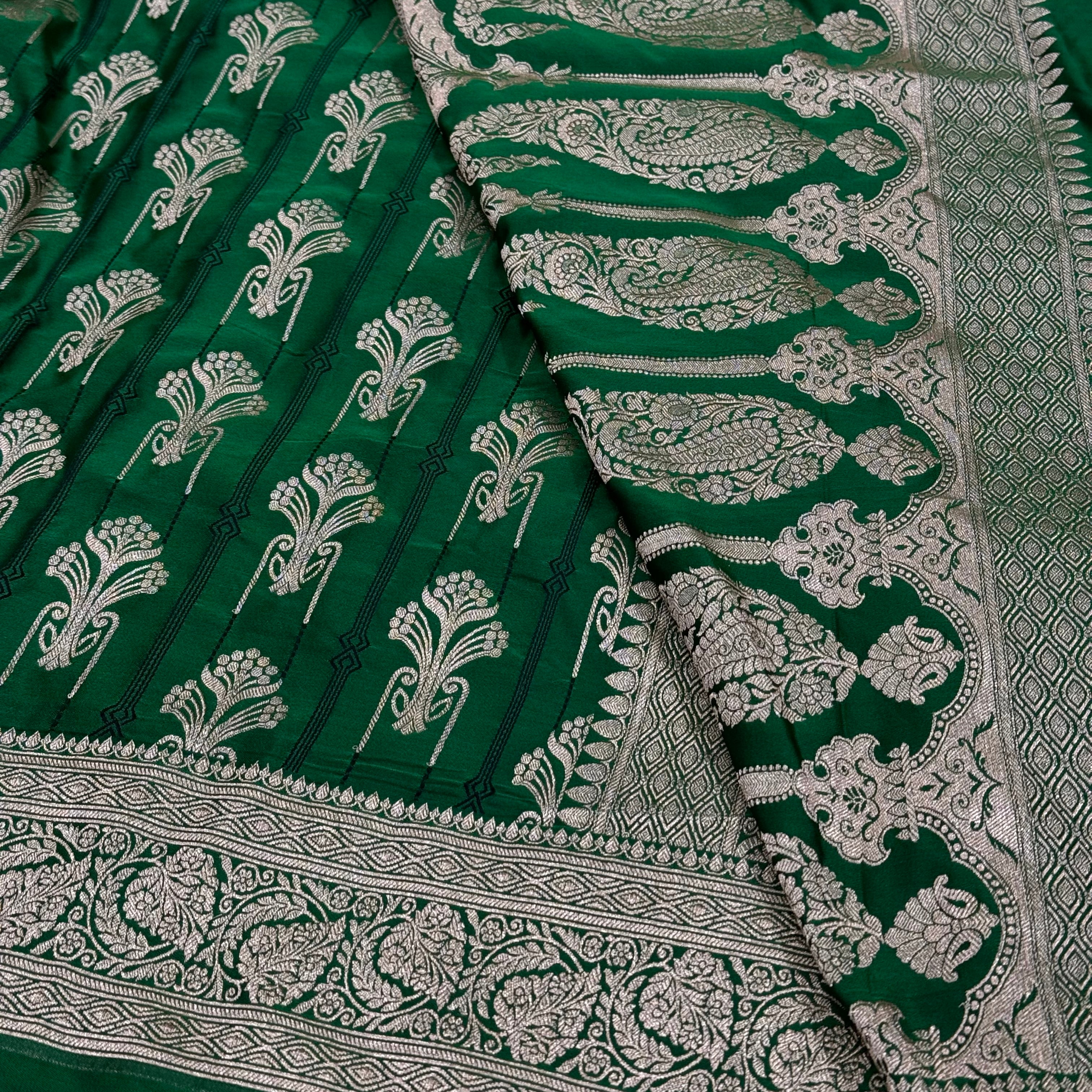 Bottle Green Tanchoi Meena Mashru Silk Saree