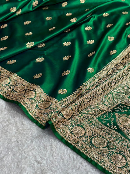 Cross Green Floral Boota Pattern Satin Katan Silk Saree SK71