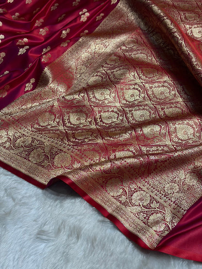 Magentic Red Unique Boota Pattern Satin Katan Silk Saree SK68