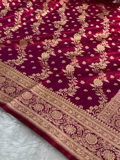 Banarasi Satin Silk Saree Cross with Booti in Magentic Red Shades SS24