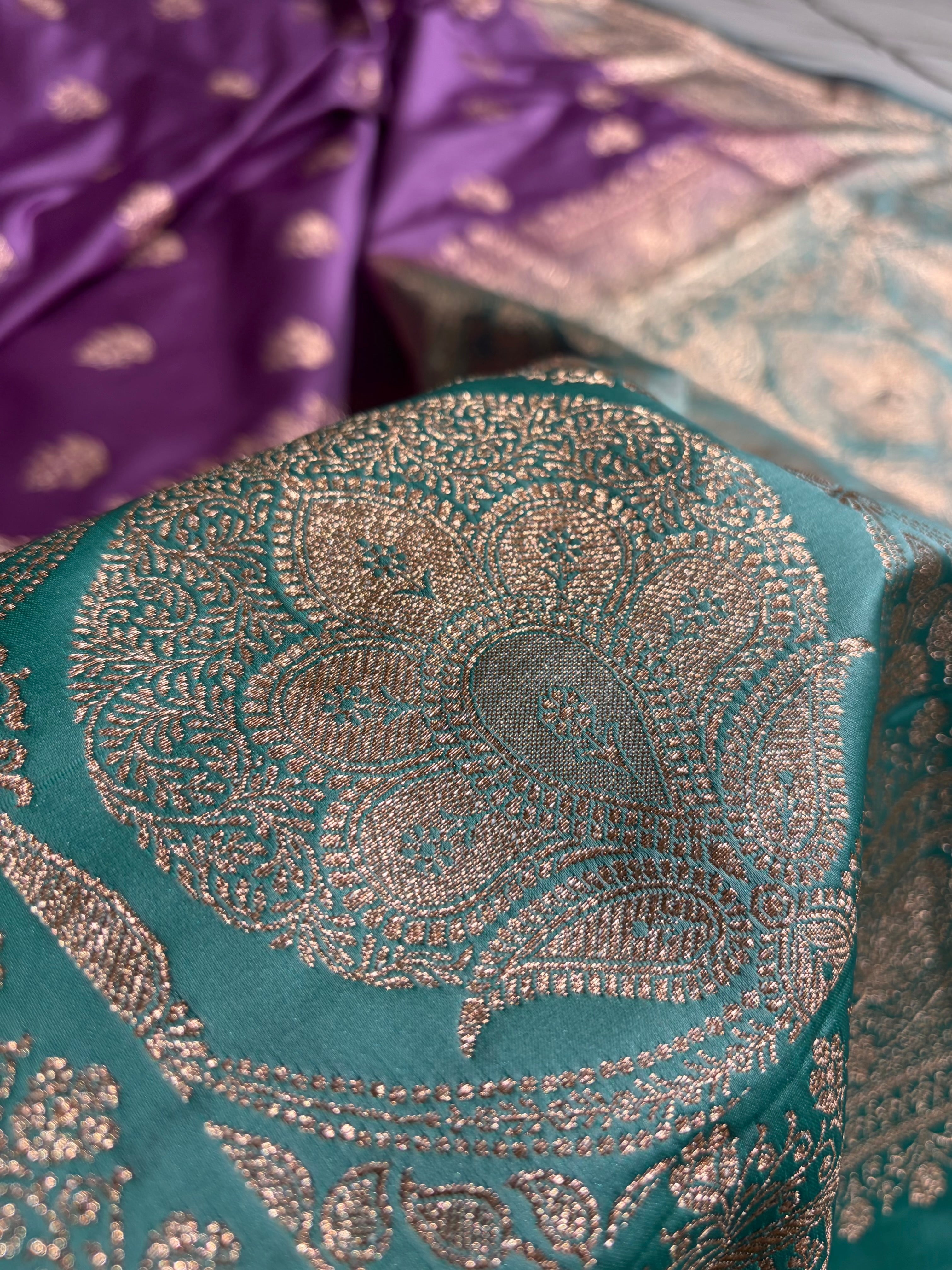 Lavender- Sea Green Banarasi Boota Katan Silk Saree SKM29