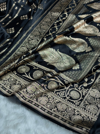 Black Floral Boota Pattern Satin Katan Silk saree SK39