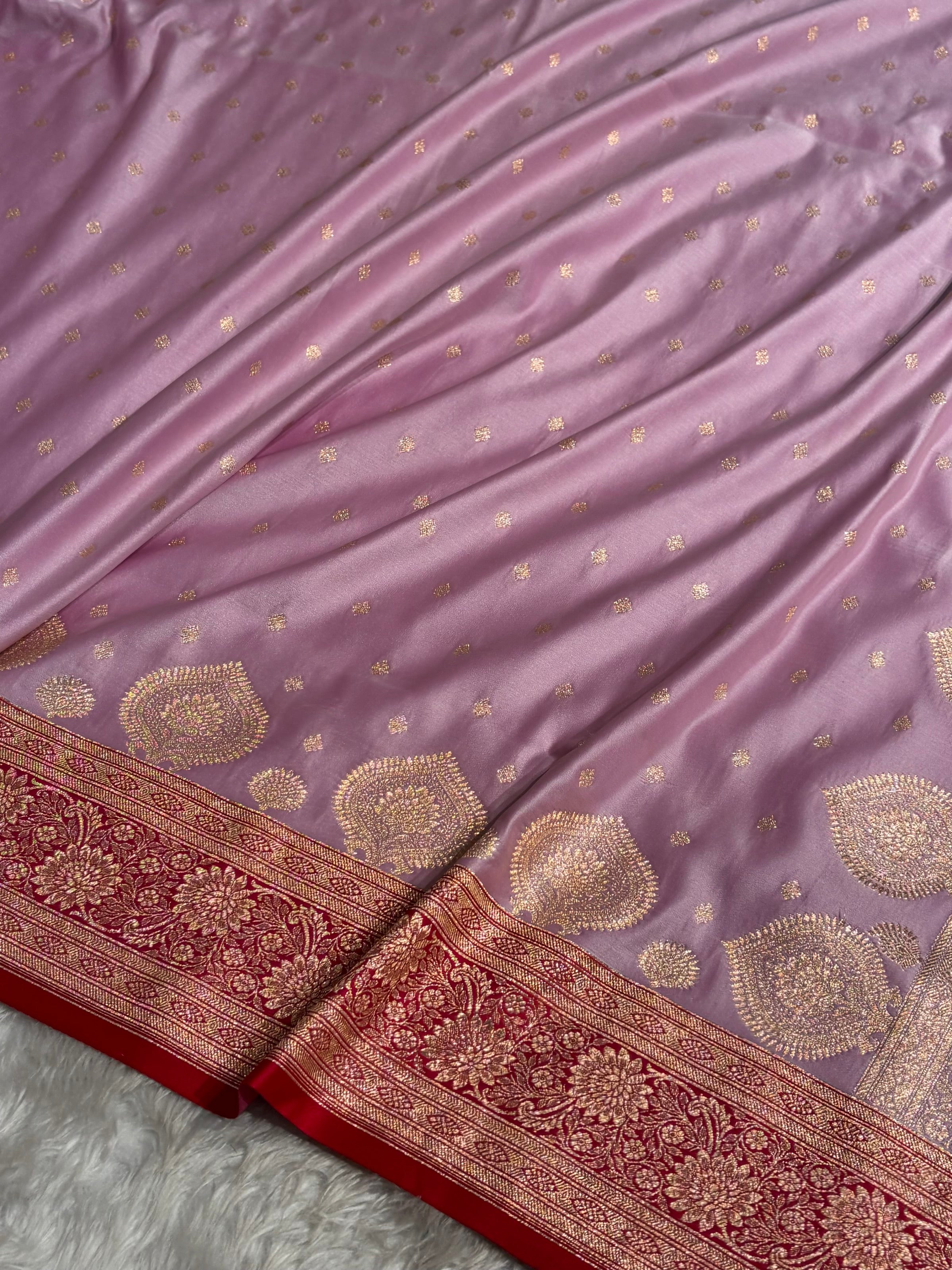 Lavender with Red Booti Satin Katan Silk saree SK29