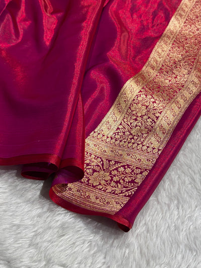 Reddish Magenta Shades Stripe Pattern Banarasi Satin Silk Saree SS46