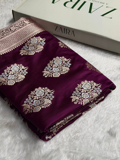 Premium Banarasi Satin Katan Saree With Minakari Boota in Wine Shades SK93