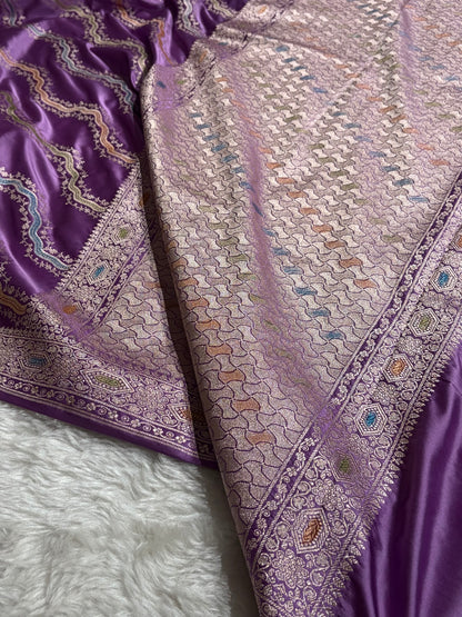 Banarasi Minakari Cross Pattern in Lavender Shades Mashru Silk Saree MCS93