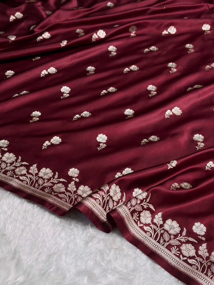 Garnet Boota With Floral Border Mashru Silk Saree MSM-87