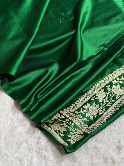 Premium Banarasi Satin Katan Saree With Minakari Boota in Bottle Green Shades SK112