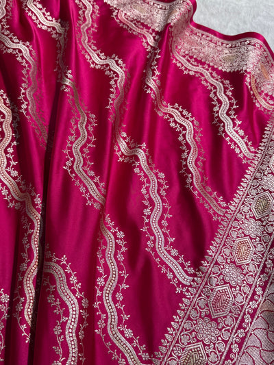 Banarasi Minakari Cross Pattern in Rani Pink Shades Mashru Silk Saree MCS93