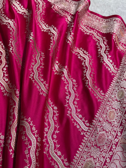 Banarasi Minakari Cross Pattern in Rani Pink Shades Mashru Silk Saree MS93