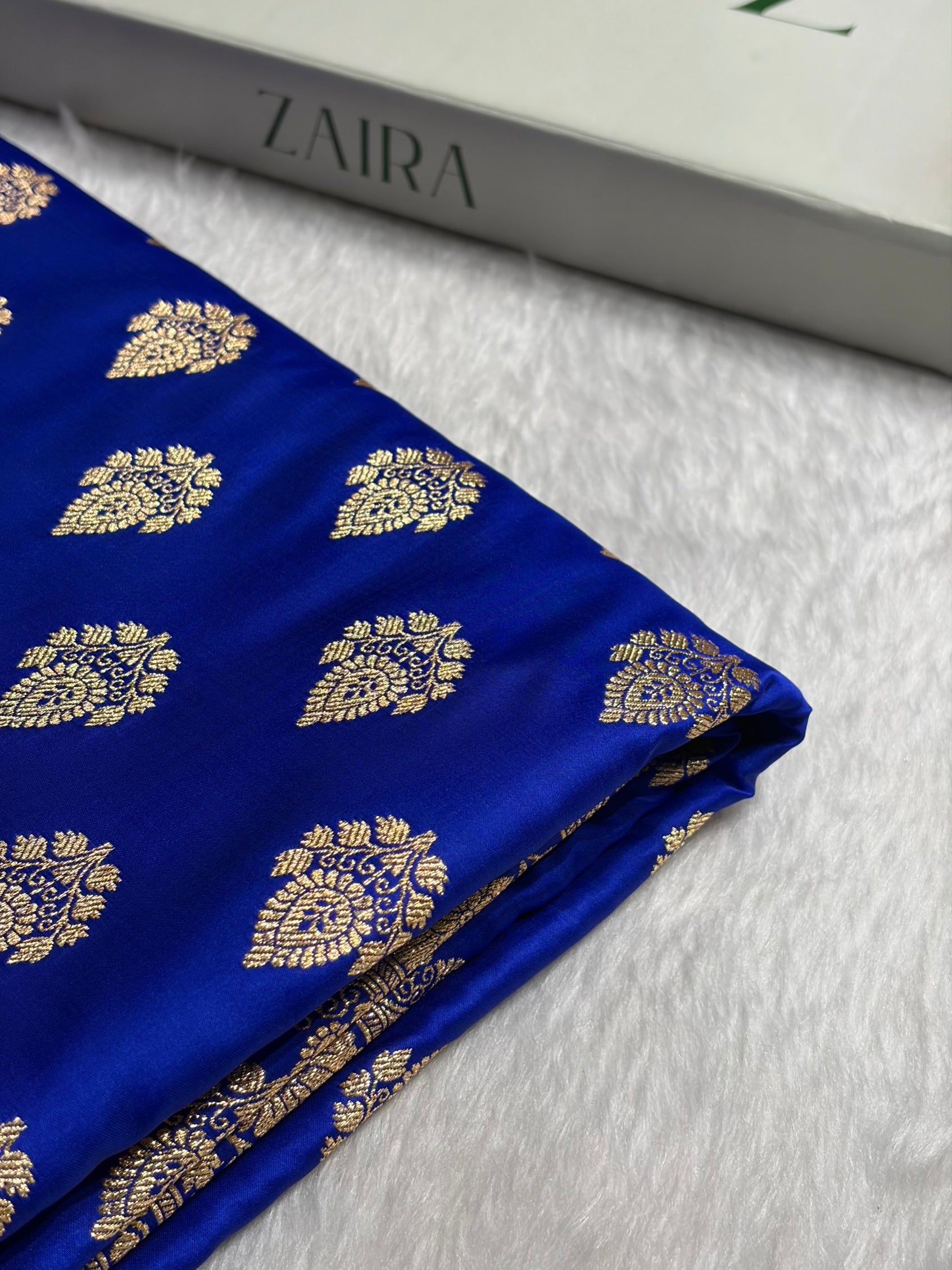 Royal Blue Floral Boota Pattern Satin Katan Silk saree SK45