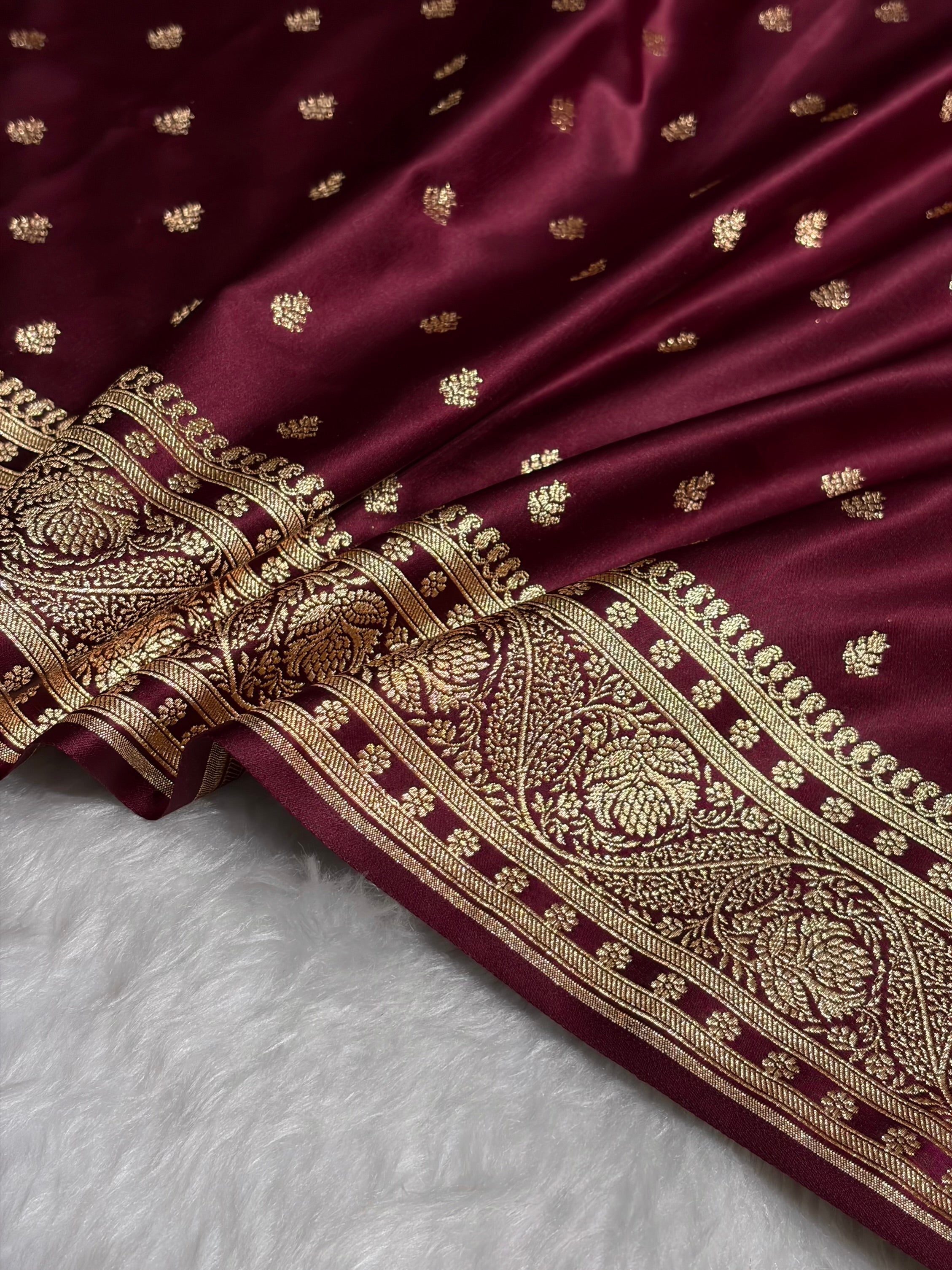 Garnet Floral Pattern Satin Katan Silk Saree SK78