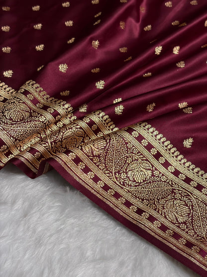 Garnet Floral Pattern Satin Katan Silk Saree SK78