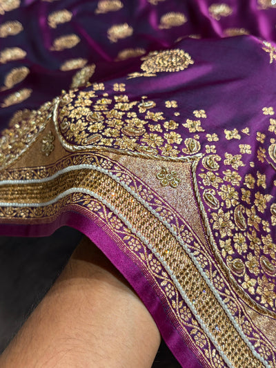 Banarasi Satin Katan Saree With Ari & Zardozi Work Boota in Wine Shades BSK111