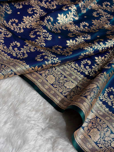 Peacock Shades Jaal Pattern Banarasi Satin Silk Saree SS49