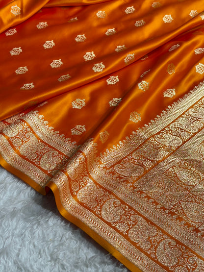 Banarasi Satin Katan Saree Booti Pattern in Fire Gold Shades SK137