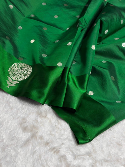 Bottle Green Shades Handwoven Pure Paper Katan Silk RM-65