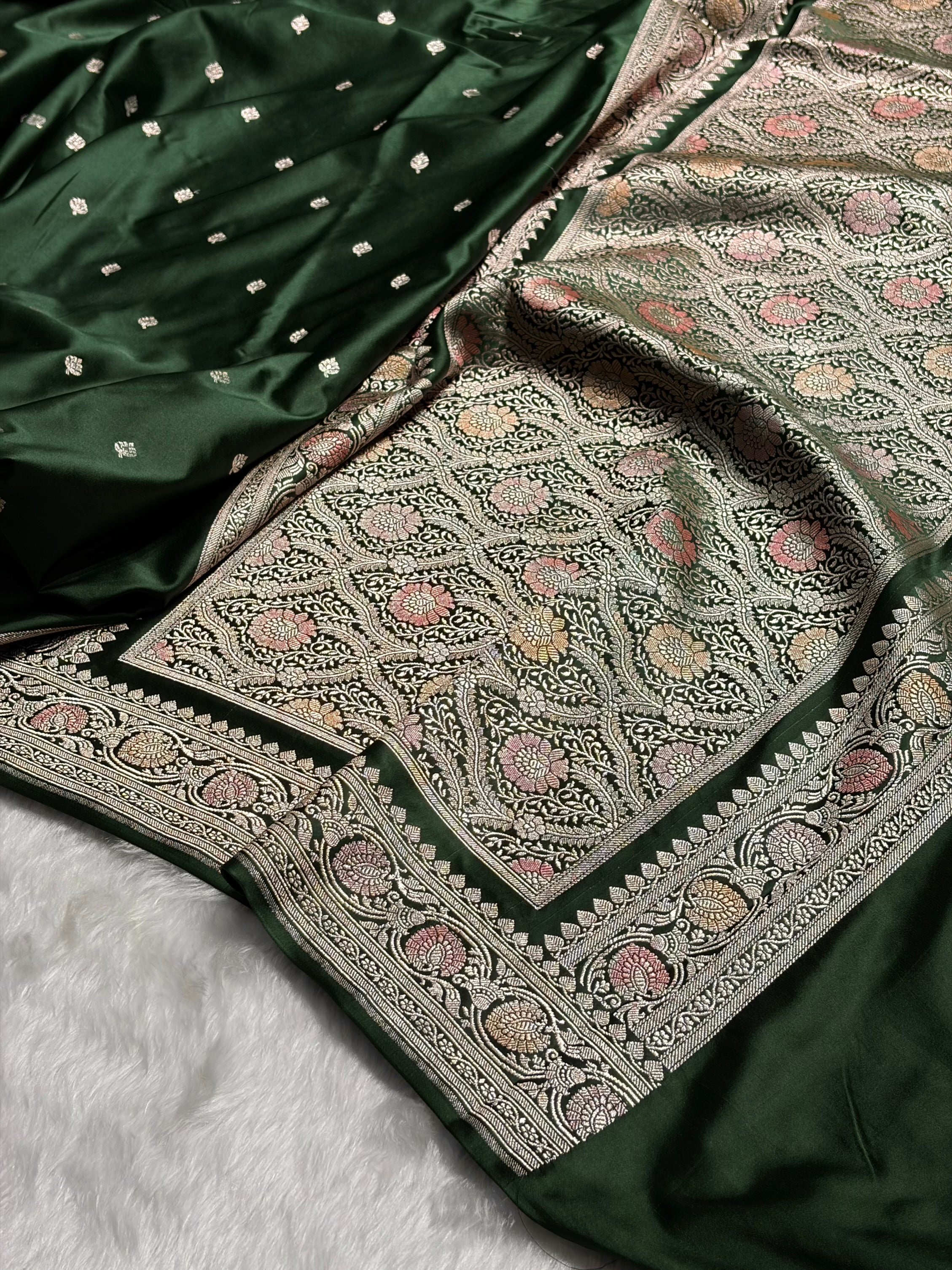 Banarasi Dark Bottle Green Minakari Booti Mashru Silk Saree MS10