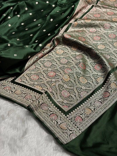 Banarasi Dark Bottle Green Minakari Booti Mashru Silk Saree MCS10