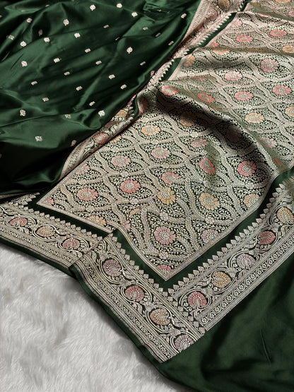 Banarasi Dark Bottle Green Minakari Booti Mashru Silk Saree MS10