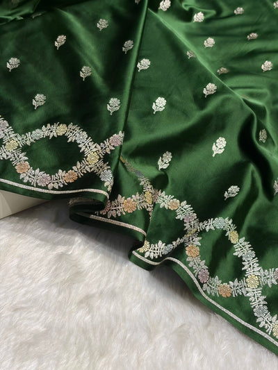 Bottle Green Minakari Scallop Floral Booti Mashru Silk Saree MCS46