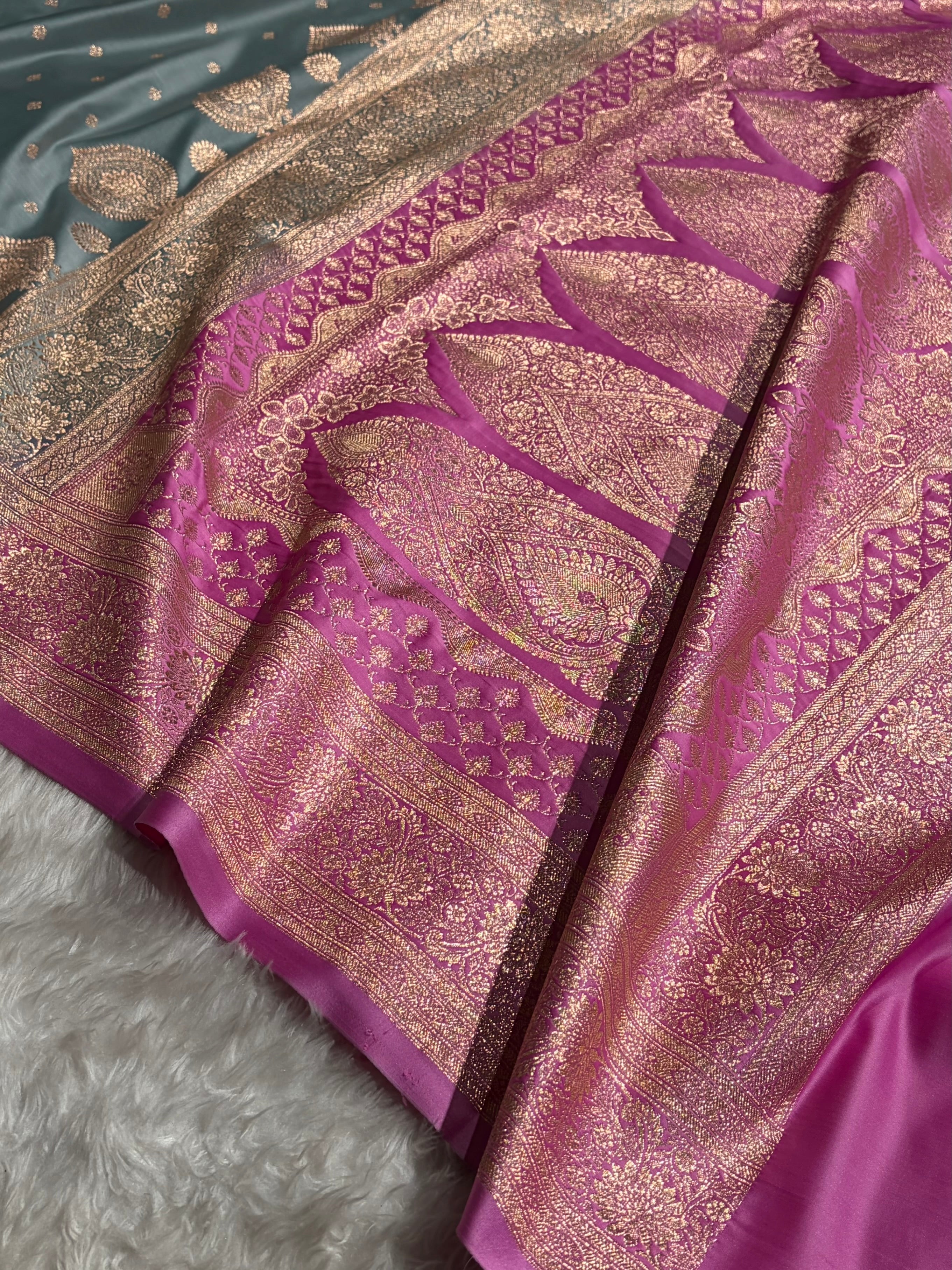 Turquoise with Lavender Booti Satin Katan Silk saree SK29