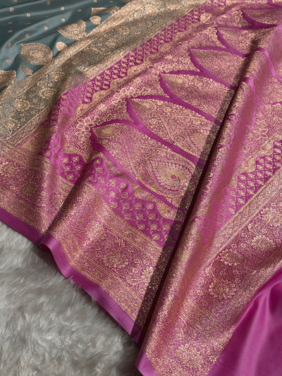 Turquoise with Lavender Booti Satin Katan Silk saree SK29