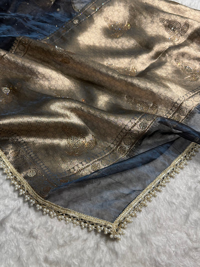 Black Navy Shades Pure Tissue Silk With Banarasi Swarovski Work Saree with Brocade Blouse BPGPT-09