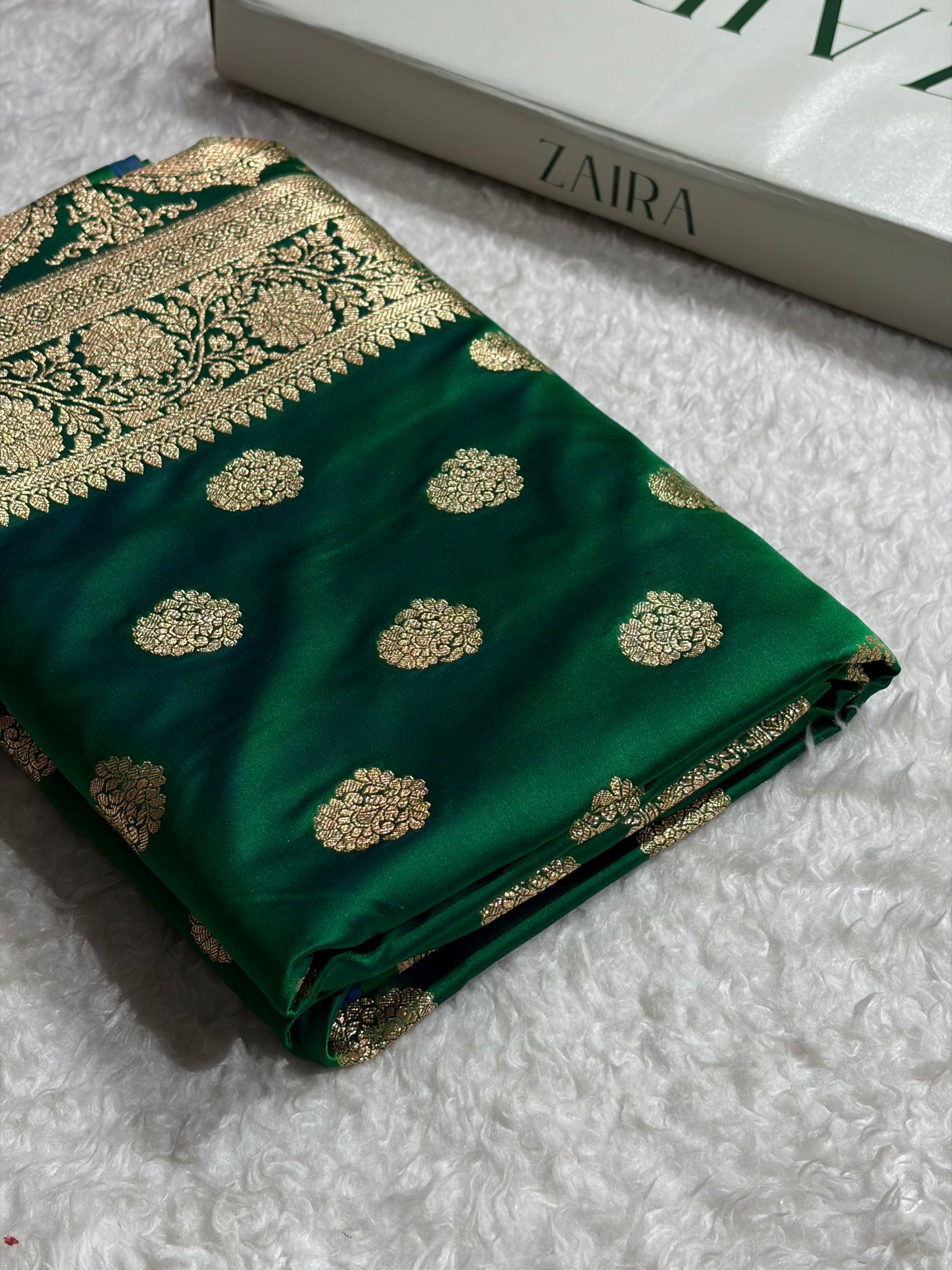 Banarasi Satin Katan Saree With Boota in Cross Green Shades SK109
