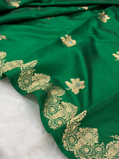 Banarasi Bottle Green Shades Minakari Boota Handwoven Pure Paper Silk RM-79