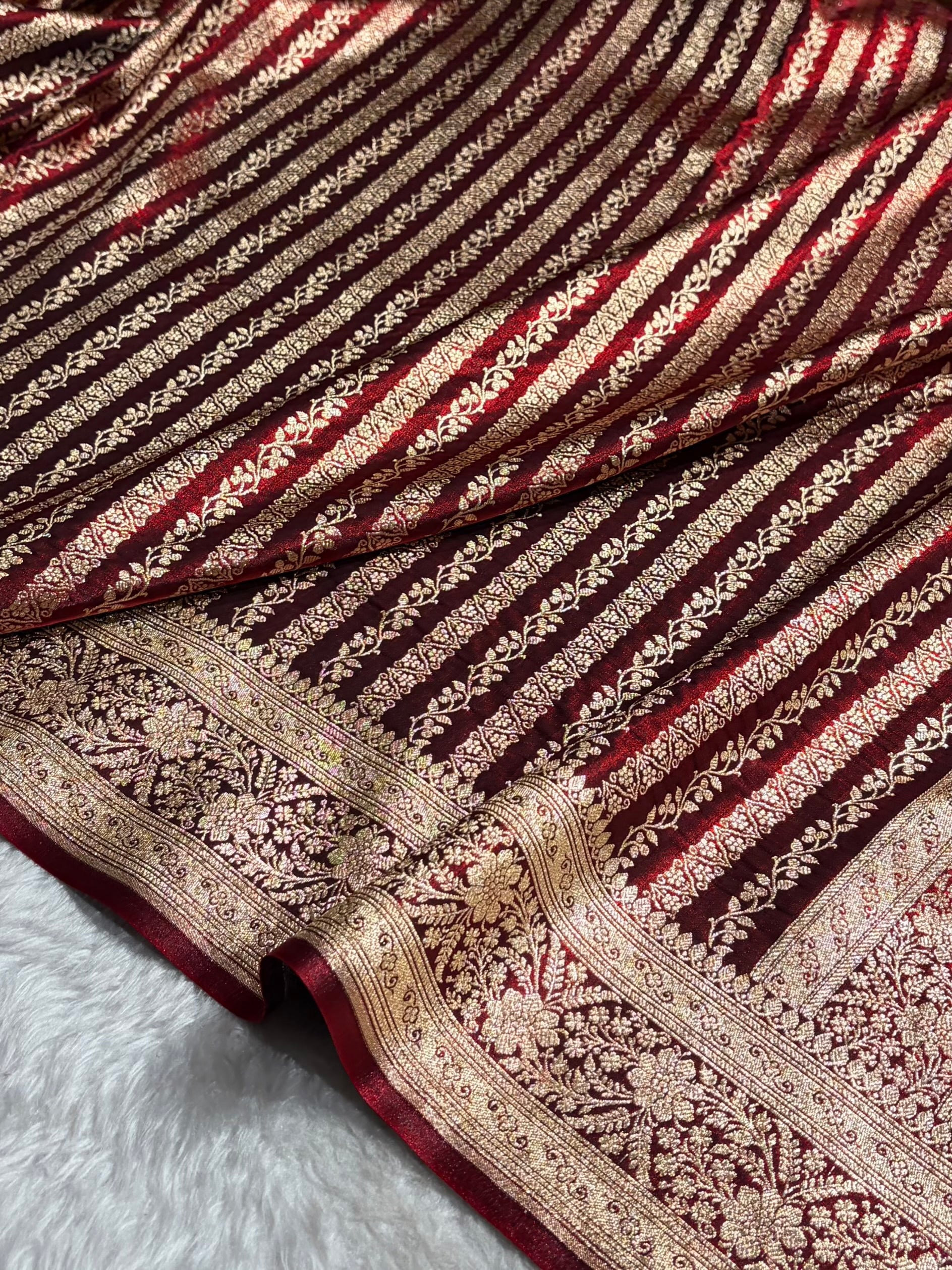 Maroon Shades Stripe Pattern Banarasi Satin Silk Saree SS46