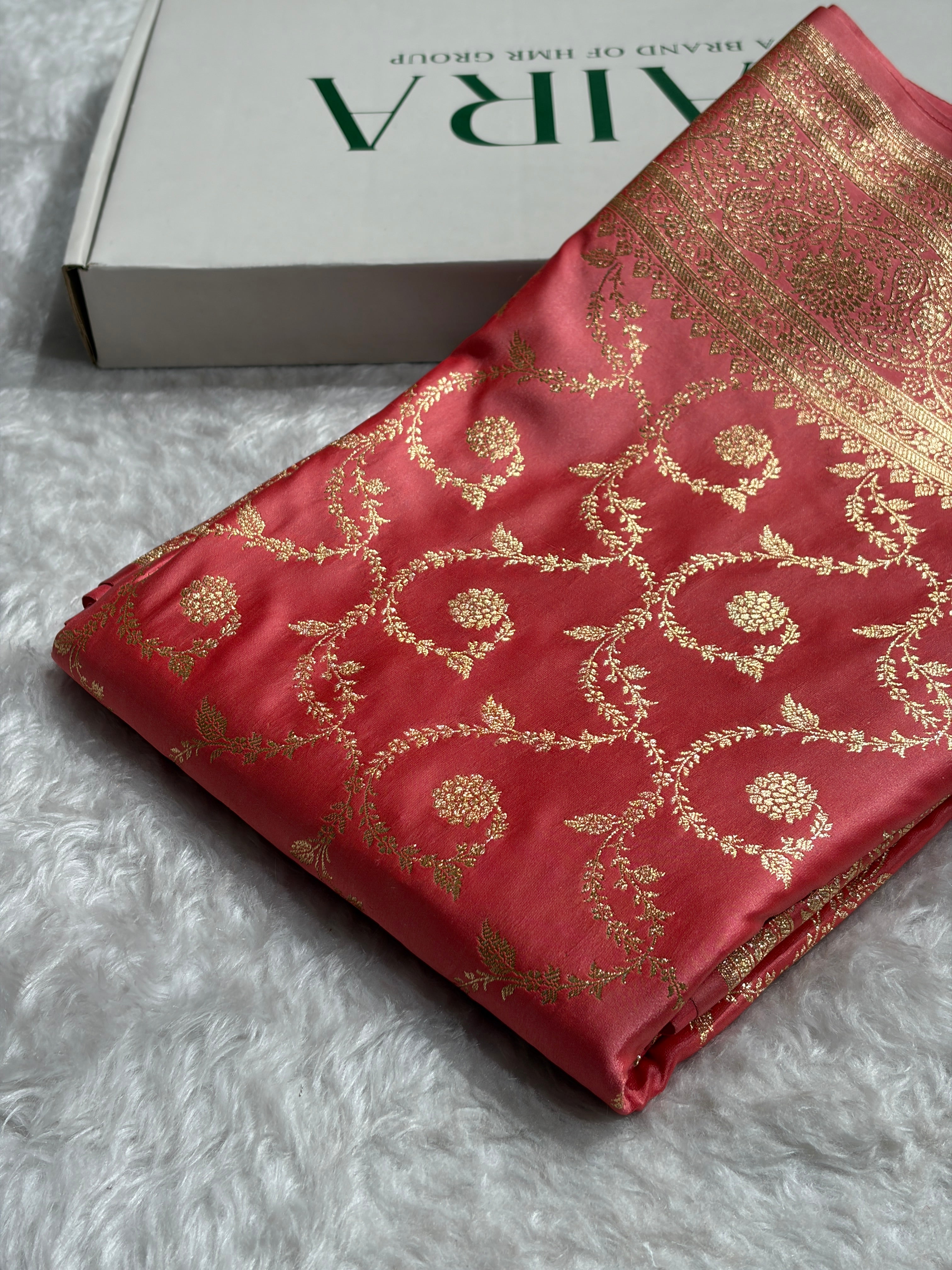 Strawberry Shades Floral Jaal Pattern Satin Katan Silk saree SK55