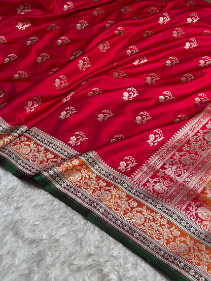Banarasi Cross Red With Contrast Orange Floral Border Mashru Silk Saree MSM-100