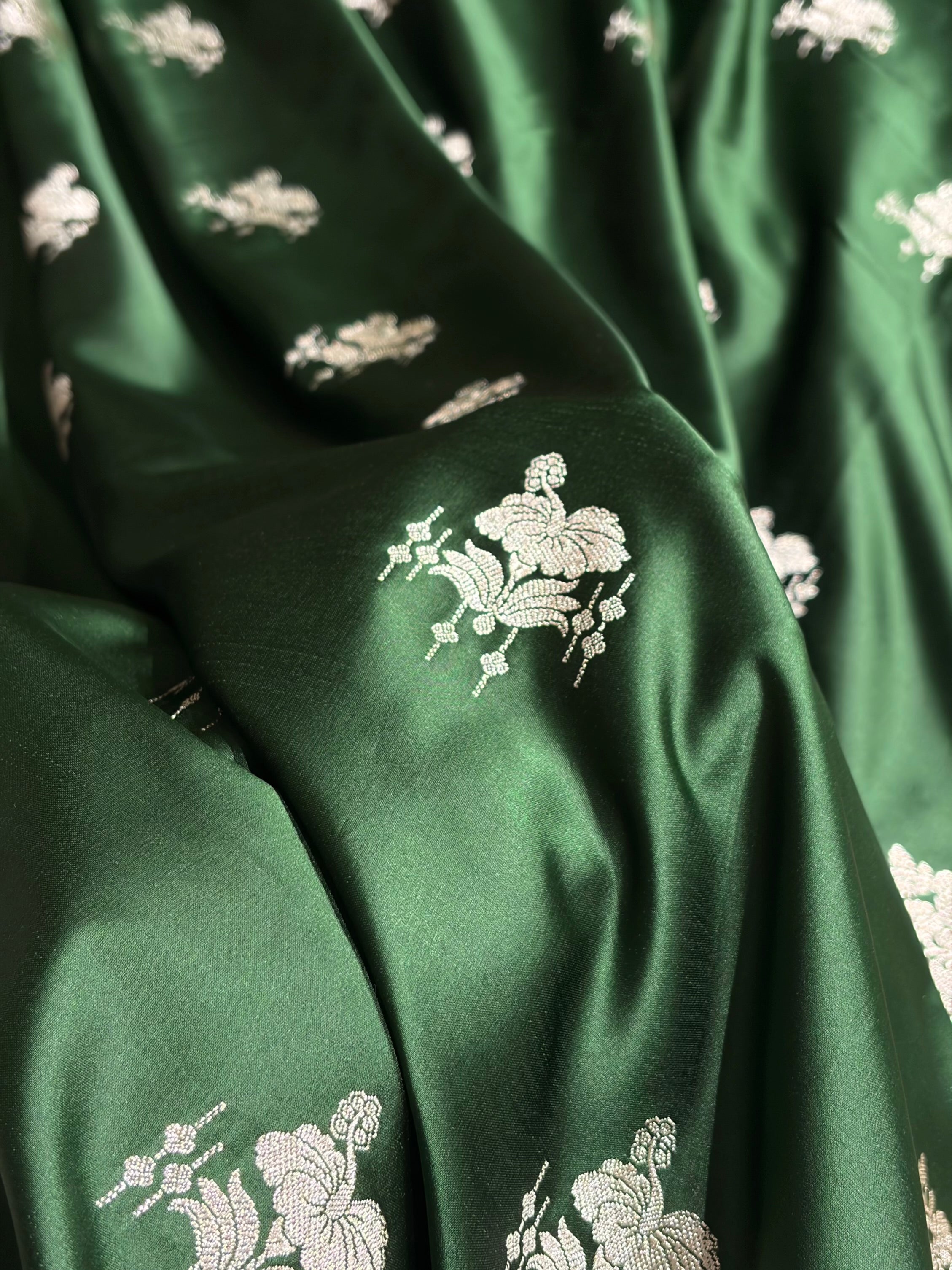 Banarasi Bottle Green Shades Floral Mashru Silk Saree MS87
