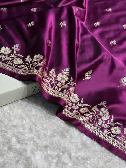 Banarasi Dark Wine Boota With Floral Border Mashru Silk Saree MSM-85