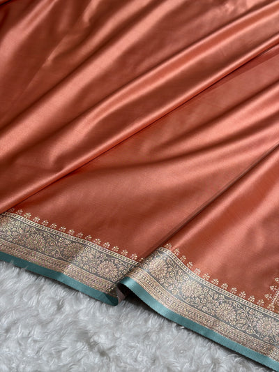 Banarasi Satin Katan Saree in Contrast Dusty Peach and Turquoise Shades SK131