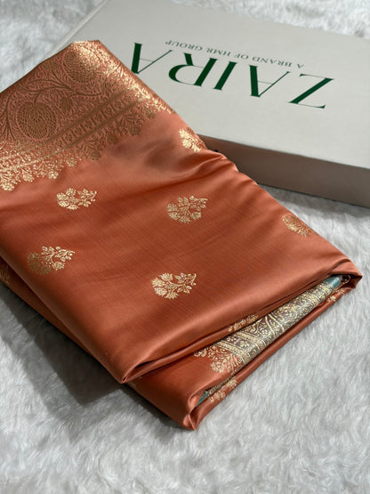 Rose Peach - Turquoise Banarasi Boota Katan Silk Saree SKM29