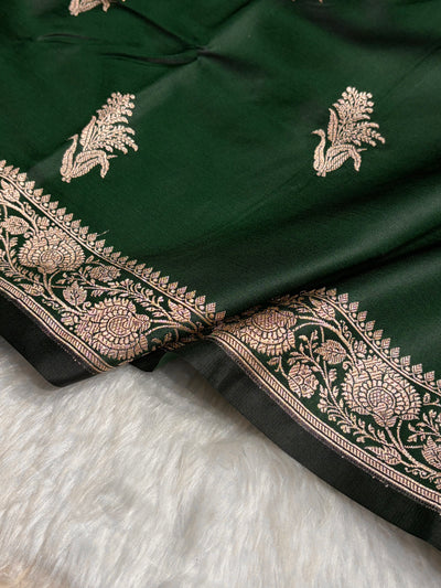Dark Bottle Green  Boota With Floral Border Mashru Silk Saree MSM-89
